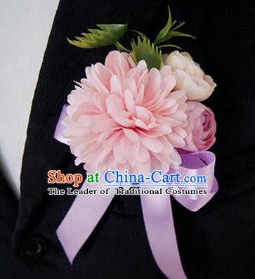 Top Grade Classical Wedding Silk Flowers,Groom Emulational Corsage Groomsman Pink Ribbon Brooch Flowers for Men