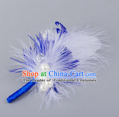 Top Grade Classical Wedding Royalblue Feather Corsage Brooch, Groom Emulational Corsage Groomsman Brooch Flowers for Men