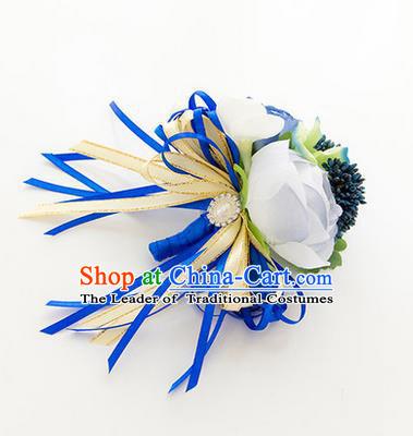 Top Grade Classical Wedding Blue Corsage Brooch, Groom Emulational Corsage Groomsman Brooch Flowers for Men