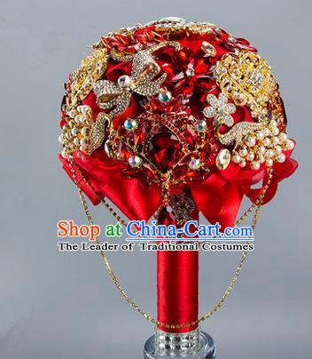 Top Grade Classical China Wedding Red Silk Flowers, Bride Holding Crystal Emulational Flowers Ball, Hand Tied Bouquet Flowers for Women