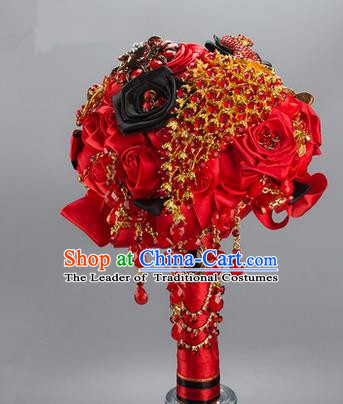 Top Grade Classical China Wedding Red Silk Flowers, Bride Holding Crystal Emulational Flowers Ball, Tassel Hand Tied Bouquet Flowers for Women