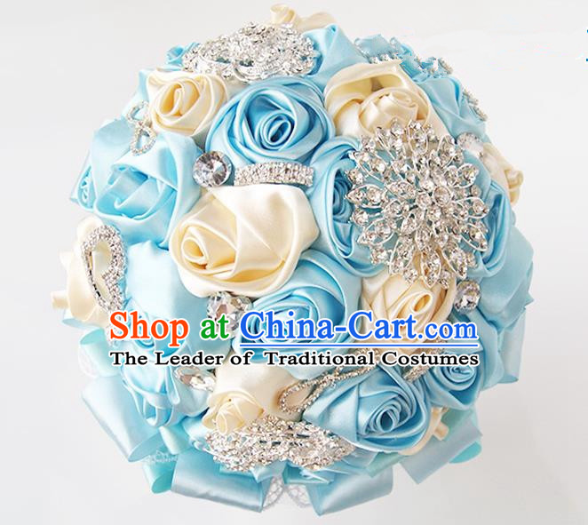 Top Grade Classical Wedding Blue Ribbon Corsage Brooch, Bride Emulational Corsage Bridemaid Brooch Flowers for Women