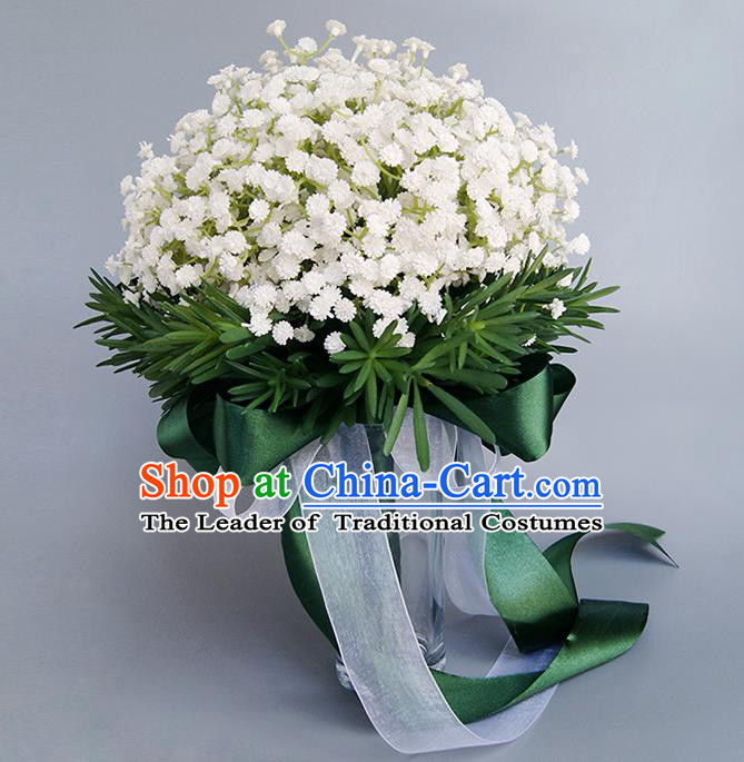 Top Grade Classical Wedding White Babysbreath Silk Flowers, Bride Holding Emulational Flowers Ball, Hand Tied Bouquet Flowers for Women