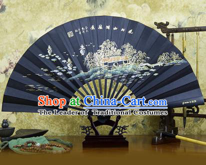 Traditional Chinese Crafts Ebonize Folding Fan, China Sensu Landscape Painting Calligraphy Silk Fan Hanfu Fans for Men
