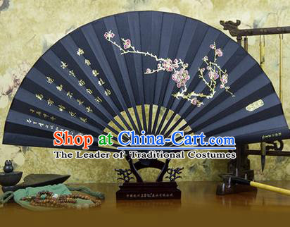 Traditional Chinese Crafts Ebonize Folding Fan, China Sensu Landscape Painting Plum Blossom Silk Fan Hanfu Fans for Men