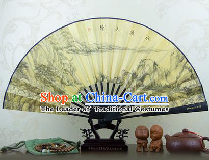 Traditional Chinese Crafts Ebonize Folding Fan, China Sensu Landscape Ink Painting Silk Fan Hanfu Fans for Men