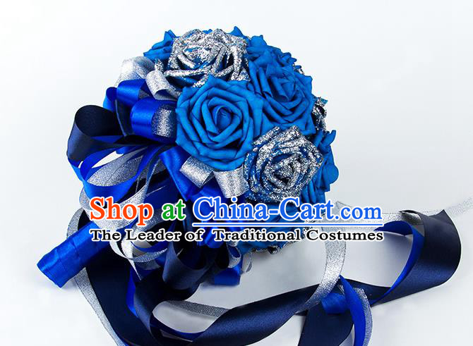 Top Grade Classical Wedding Bride Blue Rose Flowers Holding Emulational Flowers Ball, Hand Tied Bouquet Flowers for Women