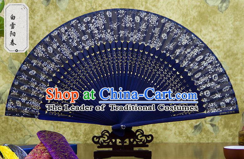 Traditional Chinese Crafts Blue Folding Fan, China Sensu Spring Snow Silk Fan Hanfu Fans for Women