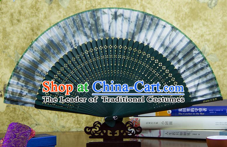 Traditional Chinese Handmade Crafts Green Folding Fan, China Sensu Ink Painting Silk Fan Hanfu Fans for Women