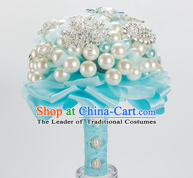 Top Grade Classical Wedding Bride Blue Ribbon Flowers Holding Emulational Flowers Ball, Crystal Hand Tied Bouquet Flowers for Women