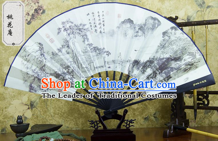 Traditional Chinese Handmade Crafts Ebonize Folding Fan, China Sensu Painting Peach Blossom Silk Fan Hanfu Fans for Men