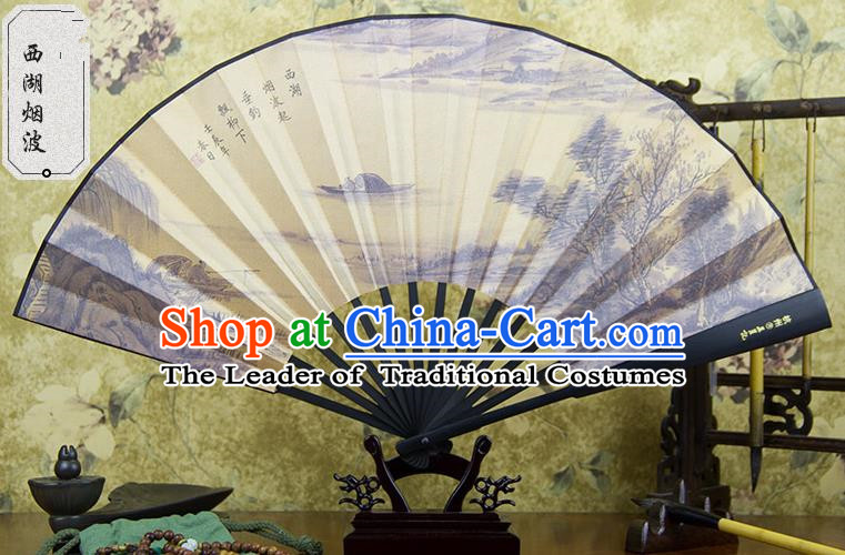 Traditional Chinese Handmade Crafts Ebonize Folding Fan, China Sensu Painting Hangzhou West Lake View Silk Fan Hanfu Fans for Men