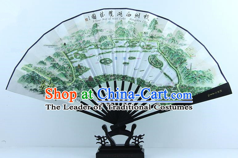 Traditional Chinese Handmade Crafts Ebonize Folding Fan, China Sensu Painting Hangzhou West Lake Map Silk Fan Hanfu Fans for Men