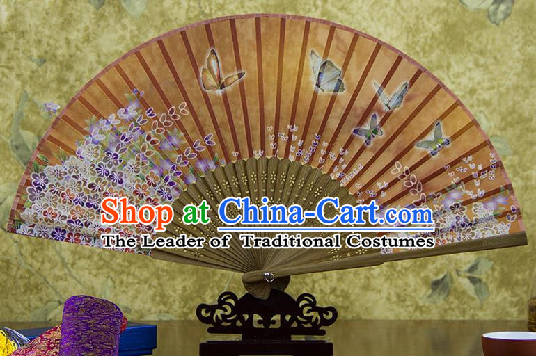 Traditional Chinese Handmade Crafts Folding Fan, China Green Printing Butterfly Flowers Sensu Orange Silk Fan Hanfu Fans for Women
