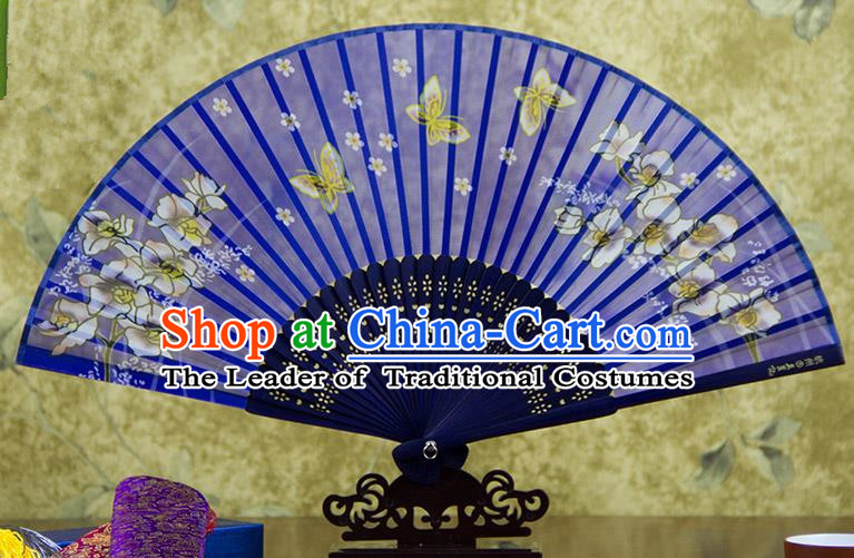 Traditional Chinese Handmade Crafts Folding Fan, China Printing Butterfly Flowers Sensu Blue Silk Fan Hanfu Fans for Women