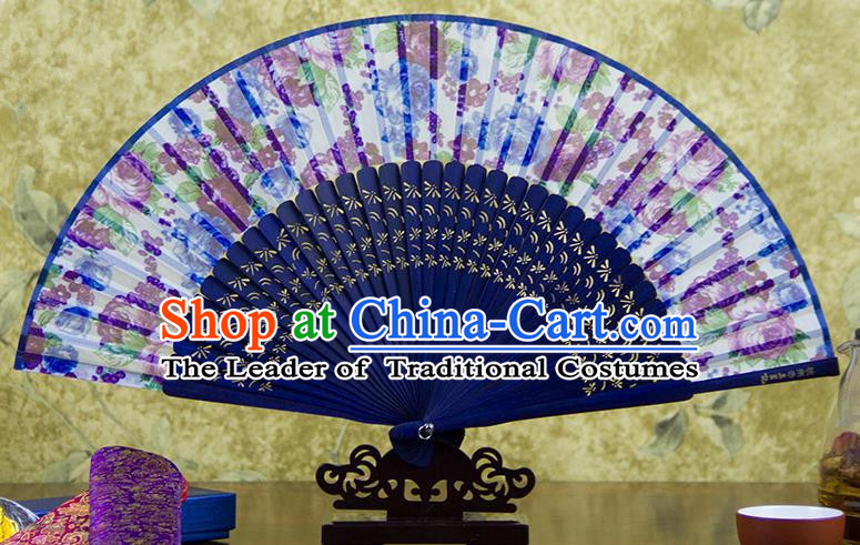 Traditional Chinese Handmade Crafts Folding Fan, China Printing Flowers Sensu Purple Silk Fan Hanfu Fans for Women