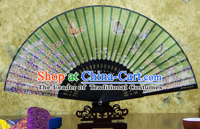 Traditional Chinese Handmade Crafts Folding Fan, China Printing Butterfly Flowers Sensu Green Silk Fan Hanfu Fans for Women