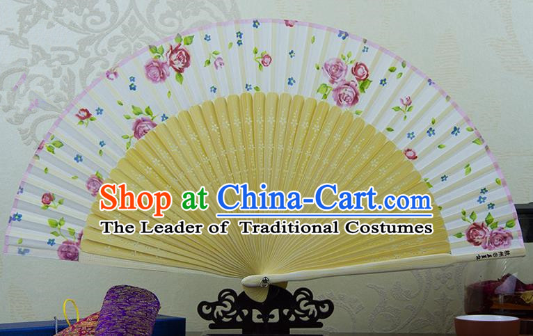 Traditional Chinese Handmade Crafts Folding Fan, China Printing Rose Sensu White Silk Fan Hanfu Fans for Women