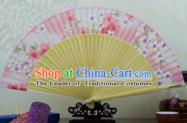 Traditional Chinese Handmade Crafts Folding Fan, China Printing Flowers Sensu Pink Silk Fan Hanfu Fans for Women