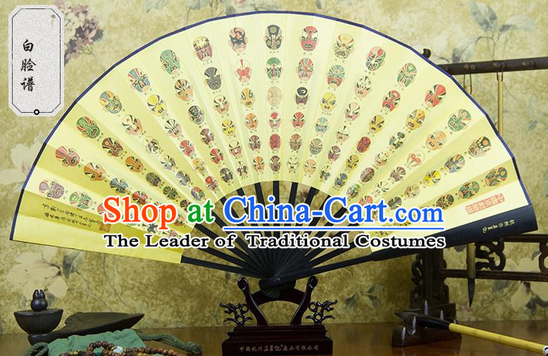 Traditional Chinese Handmade Crafts Ebonize Folding Fan, China Sensu Printing Beijing Opera Facial Masks Silk Fan Hanfu Fans for Men