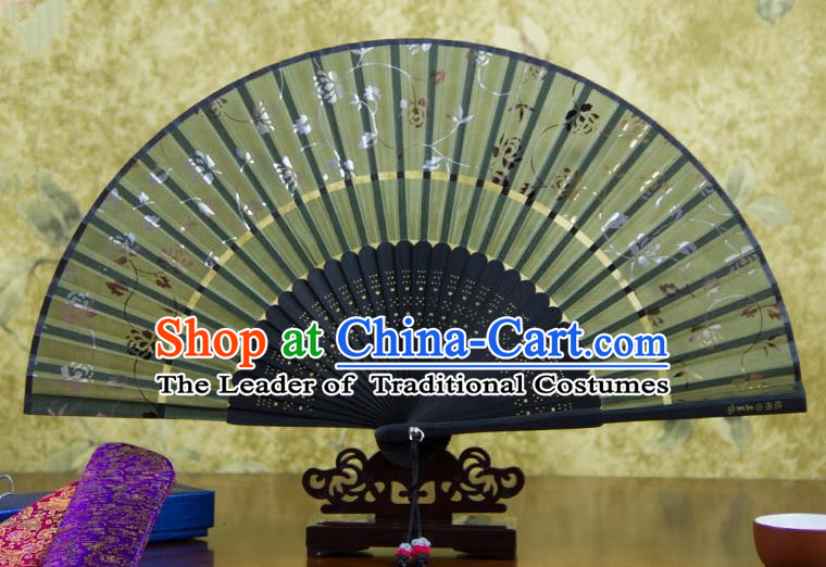 Traditional Chinese Handmade Crafts Two-segment Folding Fan, China Printing Rose Flowers Sensu Atrovirens Silk Fan Hanfu Fans for Women