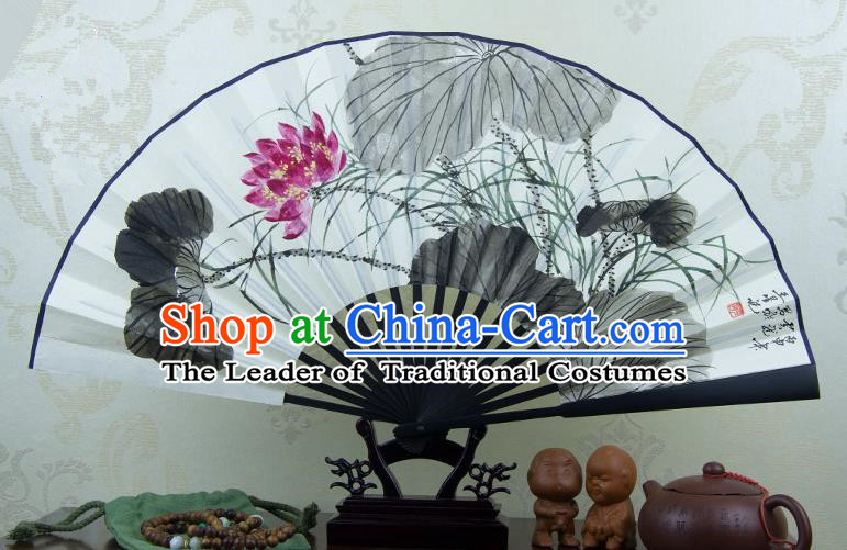 Traditional Chinese Handmade Crafts Ebonize Folding Fan, China Classical Art Paper Sensu Ink Painting Lotus Xuan Paper Purple Fan Hanfu Fans for Men