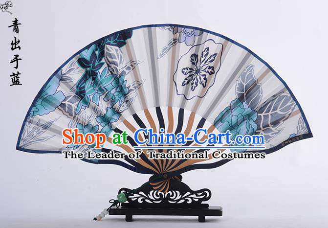 Traditional Chinese Handmade Crafts Folding Fan, China Printing Blue Flower Sensu Silk Fan Hanfu Fans for Women