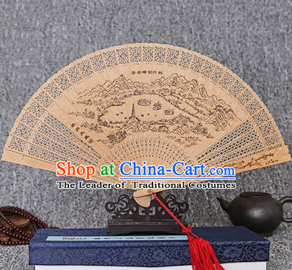 Traditional Chinese Handmade Crafts Sandalwood Folding Fan, China Classical West Lake Scenery Sensu Hollow Out Wood Fan Hanfu Fans for Women