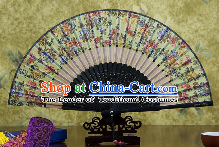 Traditional Chinese Handmade Crafts Two-segment Folding Fan, China Printing Flowers Sensu Green Silk Fan Hanfu Fans for Women