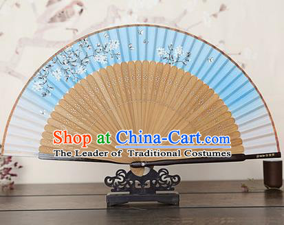 Traditional Chinese Handmade Crafts Bamboo Rib Folding Fan, China Classical Printing Peach Flowers Sensu Gradient Blue Silk Fan Hanfu Fans for Women