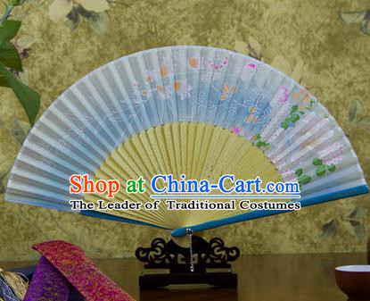 Traditional Chinese Handmade Crafts Bamboo Rib Folding Fan, China Classical Printing Butterfly Sensu Gradient Blue Silk Fan Hanfu Fans for Women