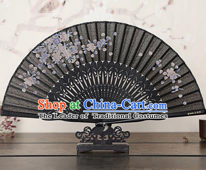 Traditional Chinese Handmade Crafts Bamboo Rib Folding Fan, China Classical Printing Pear Flowers Sensu Black Silk Fan Hanfu Fans for Women