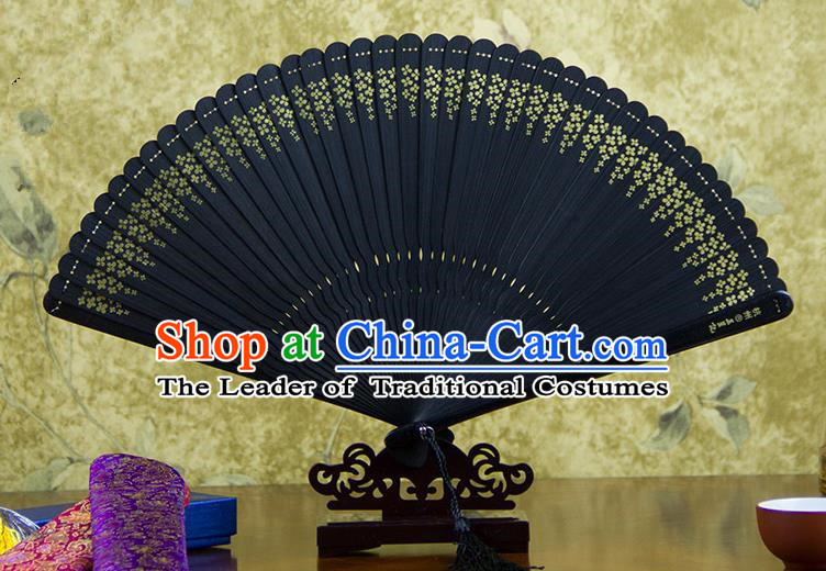 Traditional Chinese Handmade Crafts Bamboo Carving Folding Fan, China Classical Printing Osmanthus Fragrans Sensu Hollow Out Wood Black Fan Hanfu Fans for Women