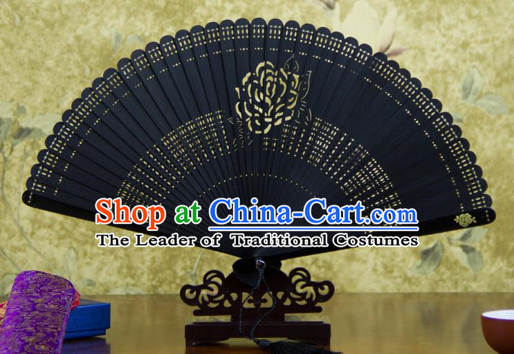 Traditional Chinese Handmade Crafts Bamboo Carving Folding Fan, China Classical Printing Rose Sensu Hollow Out Wood Black Fan Hanfu Fans for Women