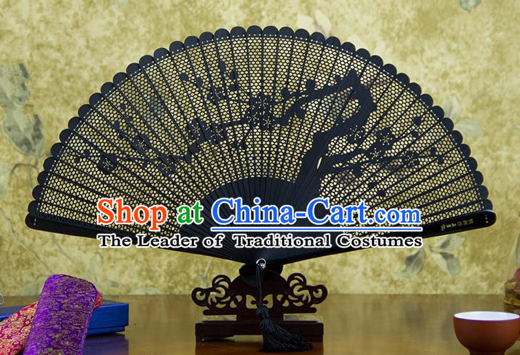 Traditional Chinese Handmade Crafts Bamboo Carving Folding Fan, China Classical Plum Blossom Sensu Hollow Out Wood Black Fan Hanfu Fans for Women