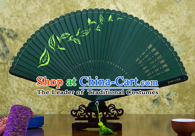 Traditional Chinese Handmade Crafts Bamboo Carving Folding Fan, China Classical Printing Tea Sensu Hollow Out Wood Green Fan Hanfu Fans for Women