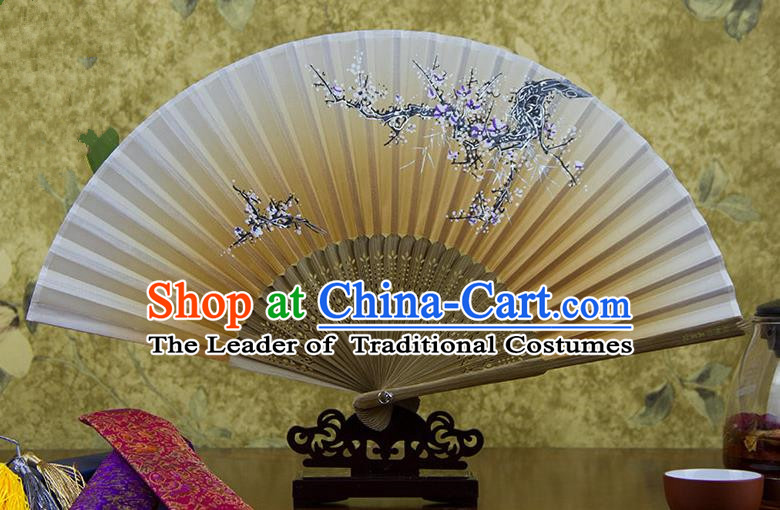 Traditional Chinese Handmade Crafts Hand Painting Flowers Folding Fan, China Classical Oriental Cherry Sensu Yellow Silk Fan Hanfu Fans for Women