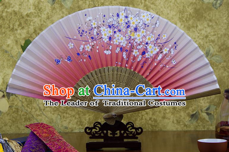 Traditional Chinese Handmade Crafts Hand Painting Flowers Folding Fan, China Classical Oriental Cherry Sensu Pink Silk Fan Hanfu Fans for Women