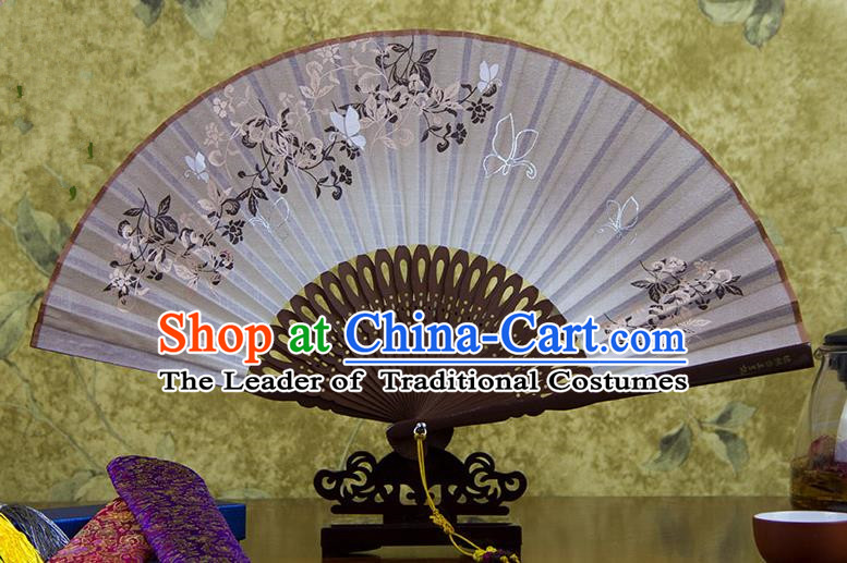 Traditional Chinese Handmade Crafts Printing Flower Folding Fan, China Classical Linen Sensu Brown Fan Hanfu Fans for Women
