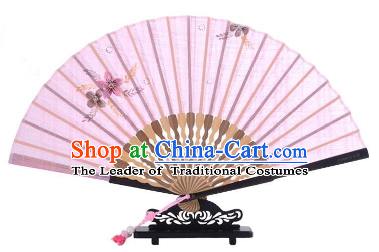 Traditional Chinese Handmade Crafts Printing Flower Folding Fan, China Classical Linen Sensu Pink Fan Hanfu Fans for Women