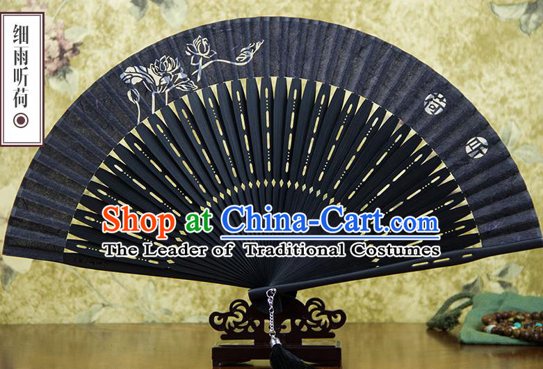 Traditional Chinese Handmade Crafts Silk Folding Fan, China Classical Sensu Printing Lotus Fan Hanfu Fans for Men