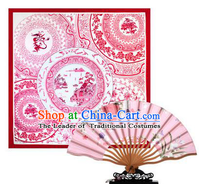 Traditional Chinese Handmade Crafts Silk Folding Fan and Scarves, China Classical Pink Sensu Peach Blossom Fan Hanfu Fans for Women