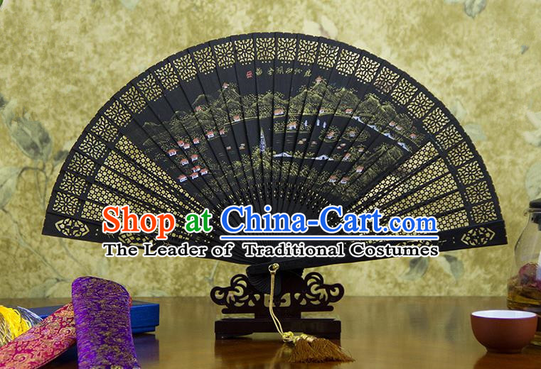 Traditional Chinese Handmade Crafts Ebomy Folding Fan, China Classical Hand Painting West Lake Full Scenery Sensu Hollow Out Fan Hanfu Fans for Women