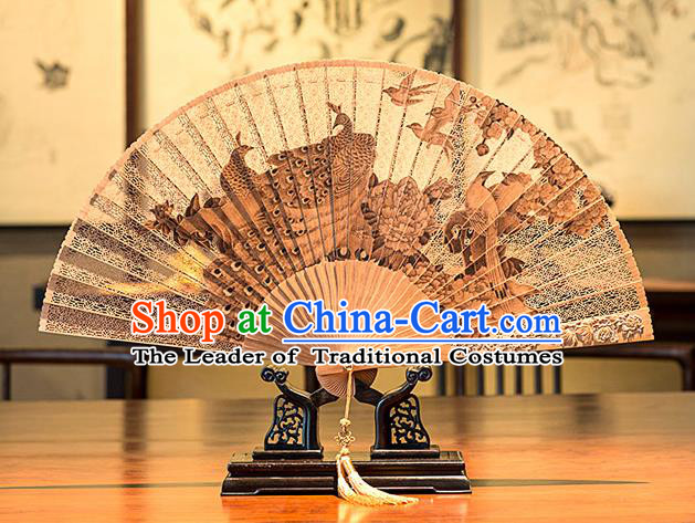 Traditional Chinese Handmade Crafts India Sandalwood Folding Fan Collectibles, China Classical Hollow out Sensu Peacocks Fan Hanfu Fans for Women