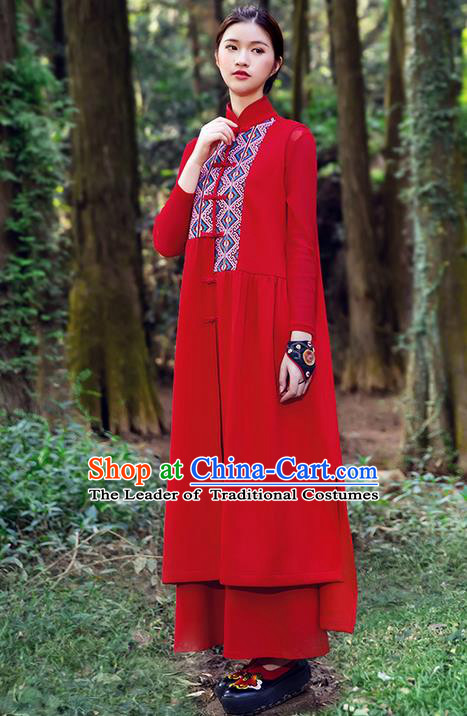 Traditional Chinese Costume Elegant Hanfu Embroidered Vest Dress, China Tang Suit Cheongsam Red Qipao Plated Buttons Dress Clothing for Women