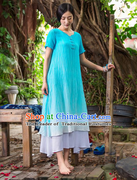 Traditional Chinese Costume Elegant Hanfu Linen Dress, China Tang Suit Cheongsam Blue Qipao Dress Clothing for Women