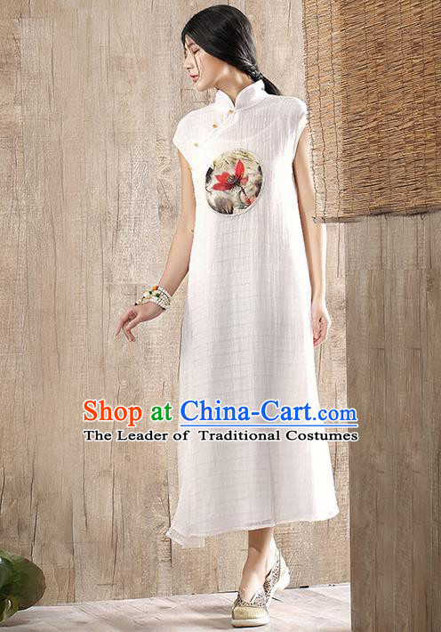 Traditional Chinese Costume Elegant Hanfu Printing Lotus Linen Dress, China Tang Suit Plated Buttons Cheongsam White Qipao Dress Clothing for Women