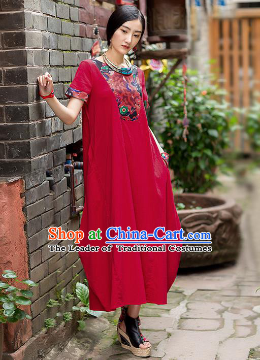 Traditional Chinese Costume Elegant Hanfu Printing Flowers Red Dress, China Tang Suit Linen Qipao Dress Clothing for Women