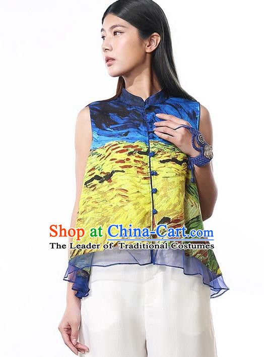 Traditional Ancient Chinese National Costume, Elegant Hanfu T-Shirt, China Tang Suit Printing Blouse Plated Buttons Shirt for Women