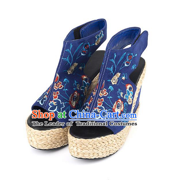 Traditional Chinese Shoes Wedding Shoes Embroidered Shoes Blue Slipsole Shoes Hanfu Shoes for Women